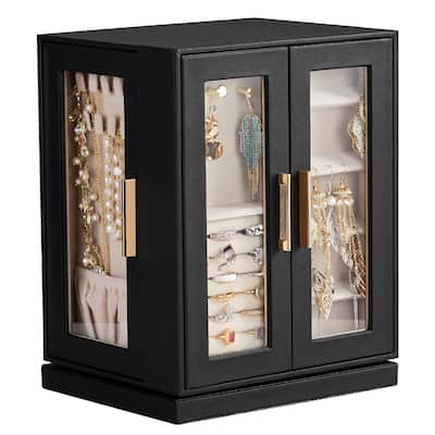 360° Rotating Jewelry Box with 5 Drawers - Black Cabinet & Pink Velvet Interior - Multi