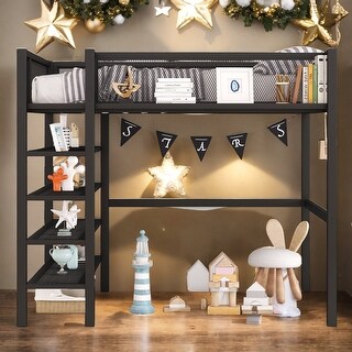 Full Size Metal Loft Bed with 4-Tier Shelves and Storage - Bed Bath ...