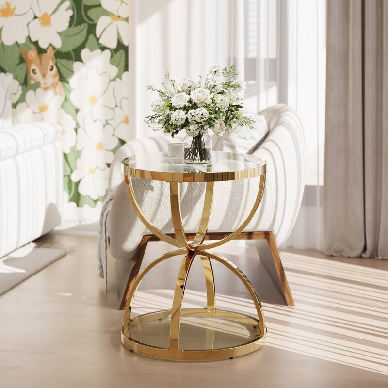 Modern 2 Tiers Glass Coffee Table with Ring-Shaped Metal Frames