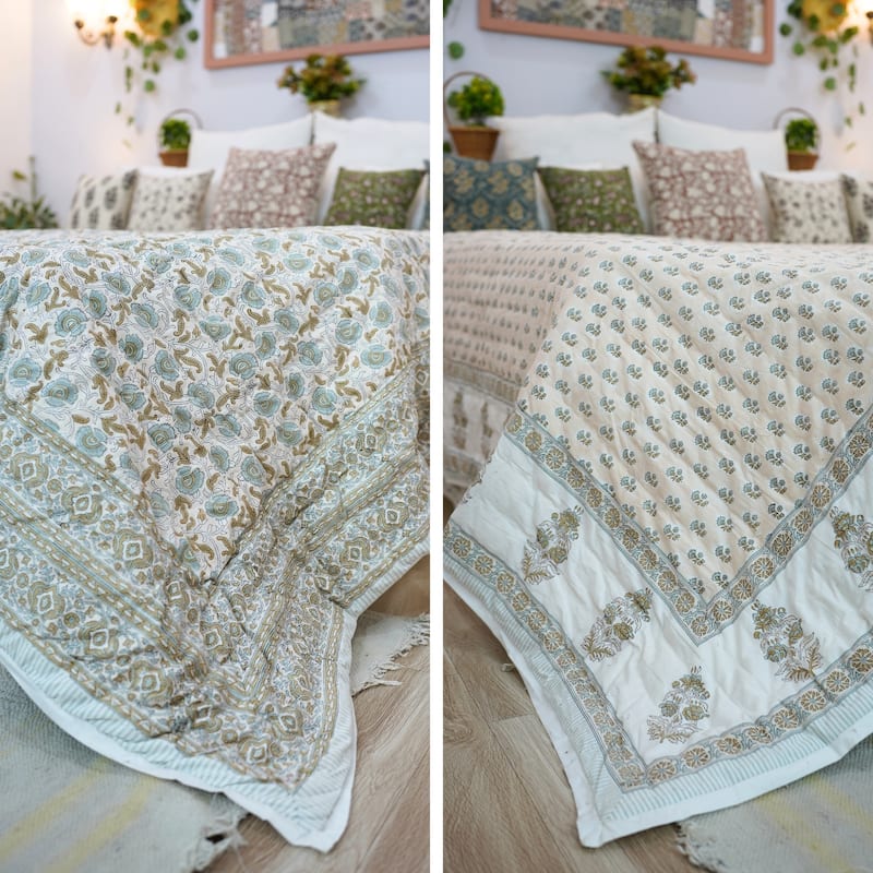 Fabdivine Hand Block Print Green Brown 100% Cotton Quilt Textured Floral Heritage Weave, Reversible Handmade Statement Bedspread