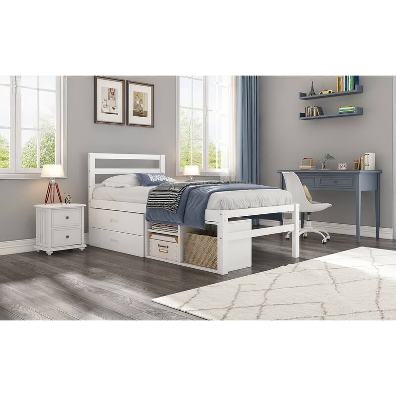 Wood Bed with Removable Shelves & 2 Storage Drawers