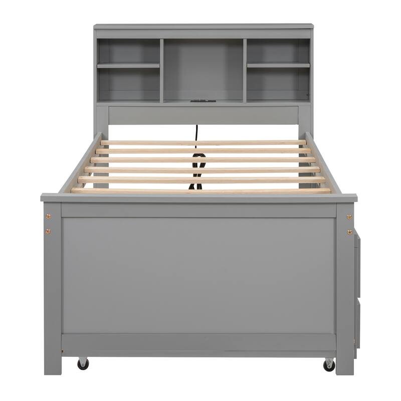 Twin Size Platform Bed with Storage Headboard, USB, Trundle, and 3 Drawers in Gray