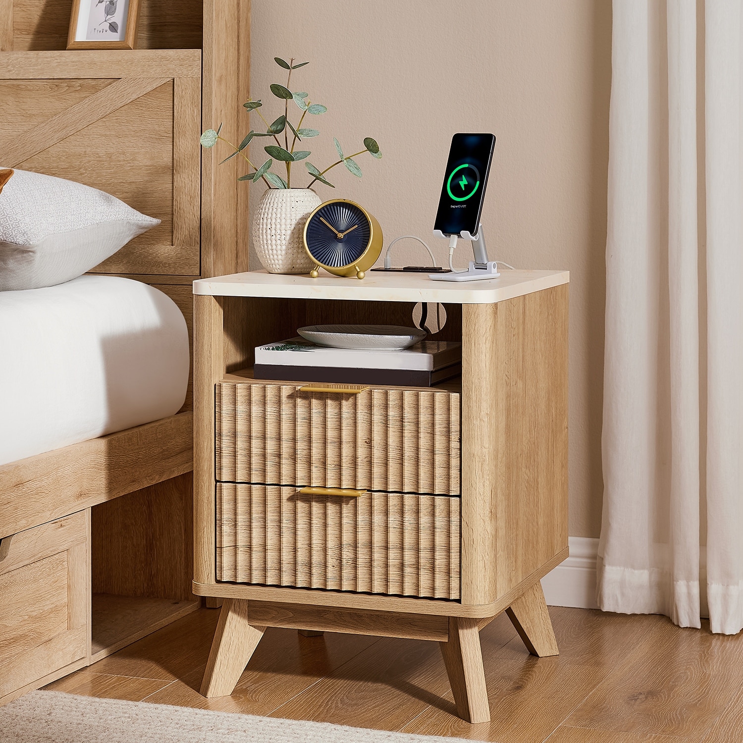 Modern Fluted Nightstand with Charging Station, Side Table for Bedroom