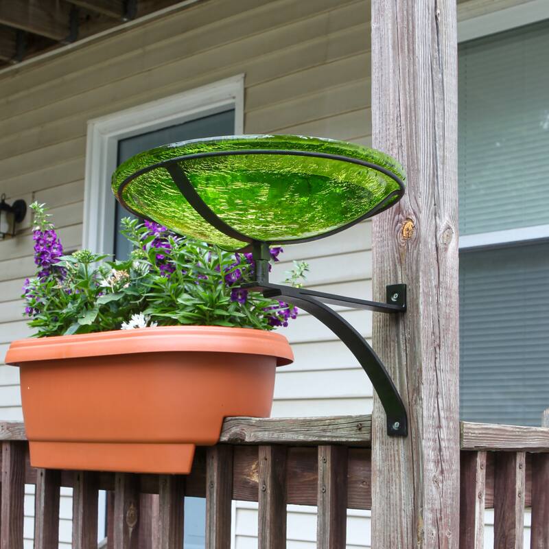 Achla Designs 14"Dia. Round Crackle Glass Birdbath w/Black Wrought Iron Wall Mount Bracket