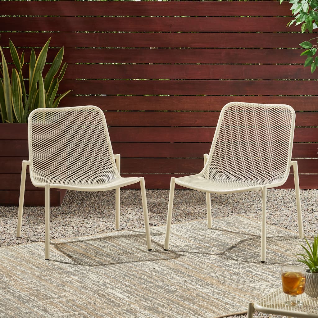 Roomfitters Kincaid Outdoor Stackable Iron Patio Chairs with Mesh Design, Modern Metal Armchair, Matte White Set of 2