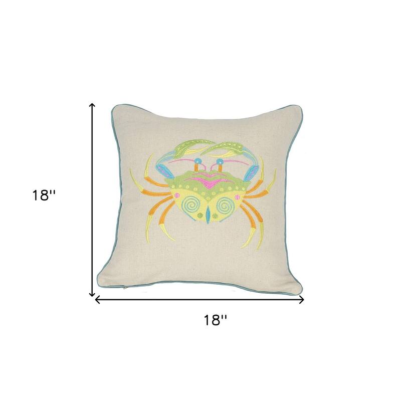 HomeRoots 18" x 18" Beige and Aqua Crab Linen Blend Zippered Pillow With Embroidery