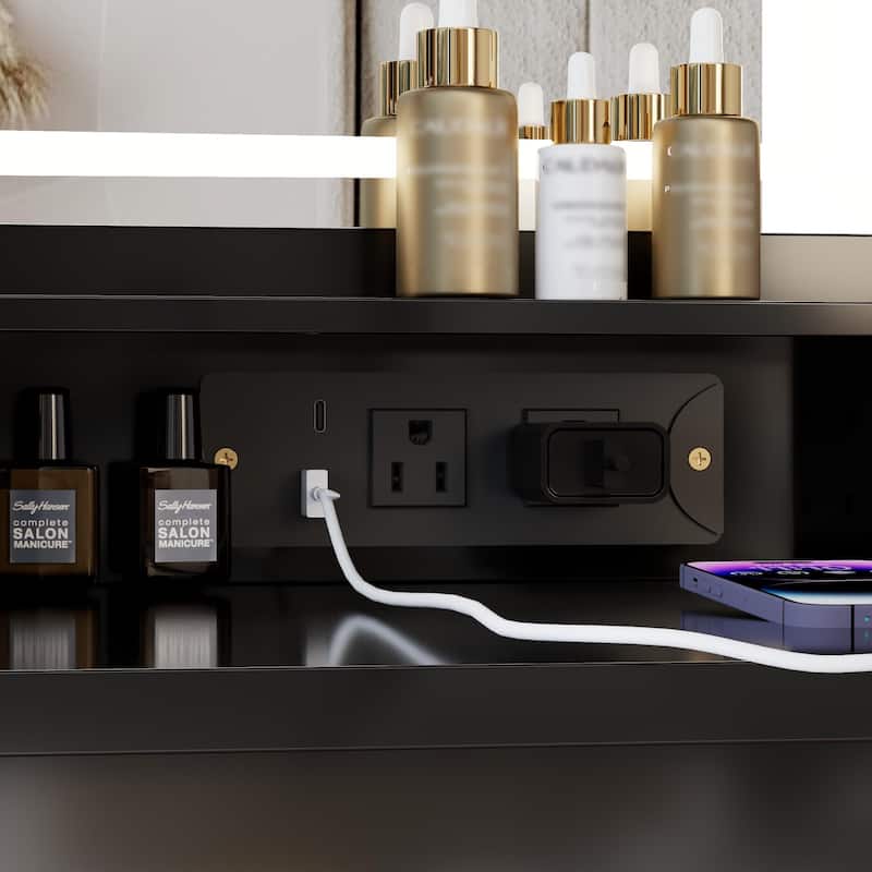 Makeup Vanity with Lighted Mirror, 41" Dressing Table with Charging Station, Cushioned Stool & Storage Drawer