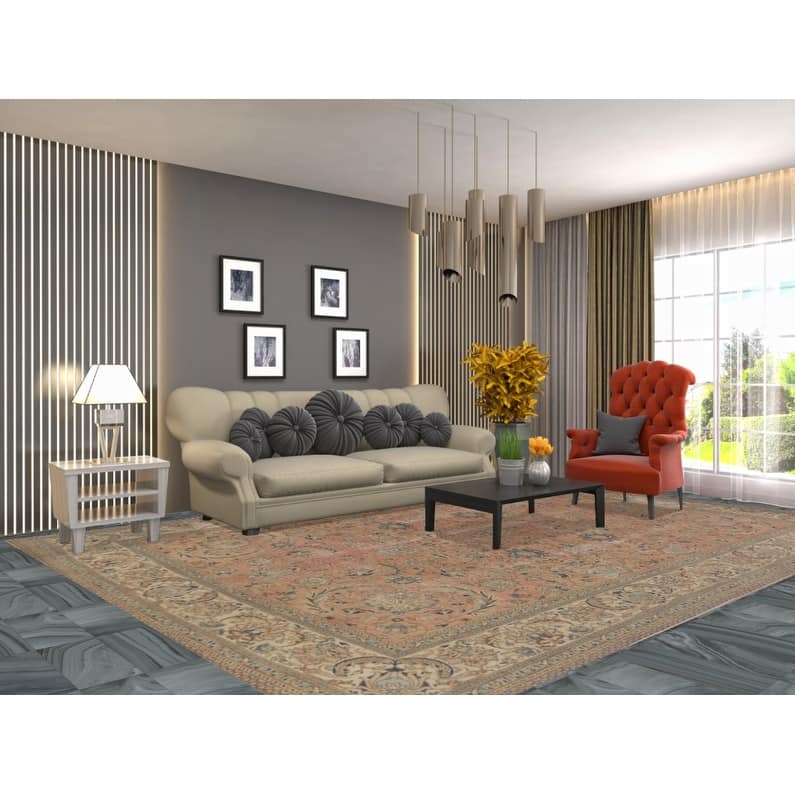 Hand Knotted Oriental 100% Wool Carpet Traditional All-Over Coral Tabriz Area Rug - 12' 6'' X 9' 2''