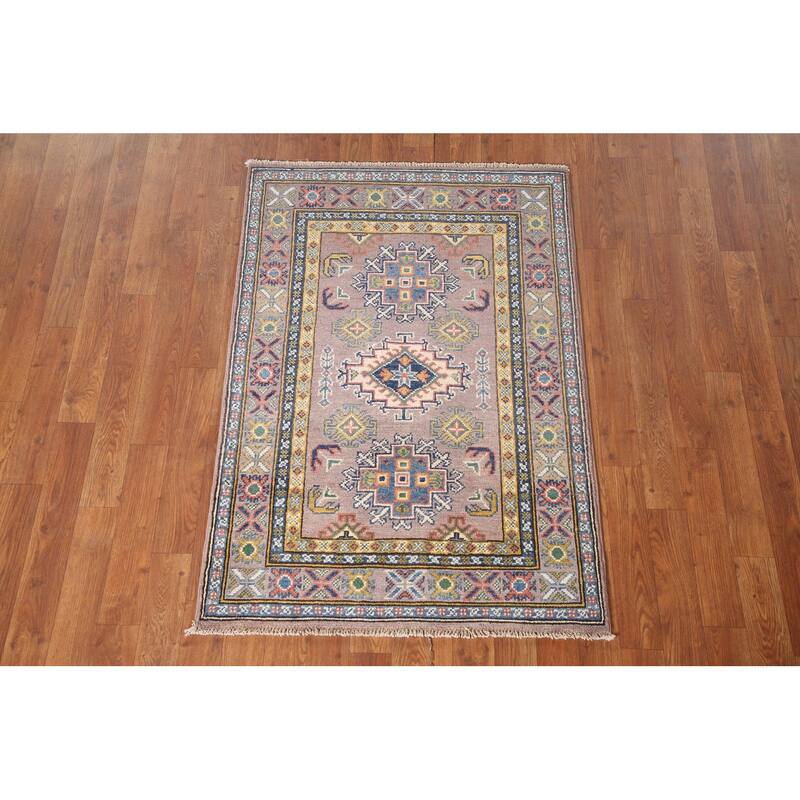 Brown Geometric Kazak Accent Rug Wool Carpet - 2'9" x 4'1"
