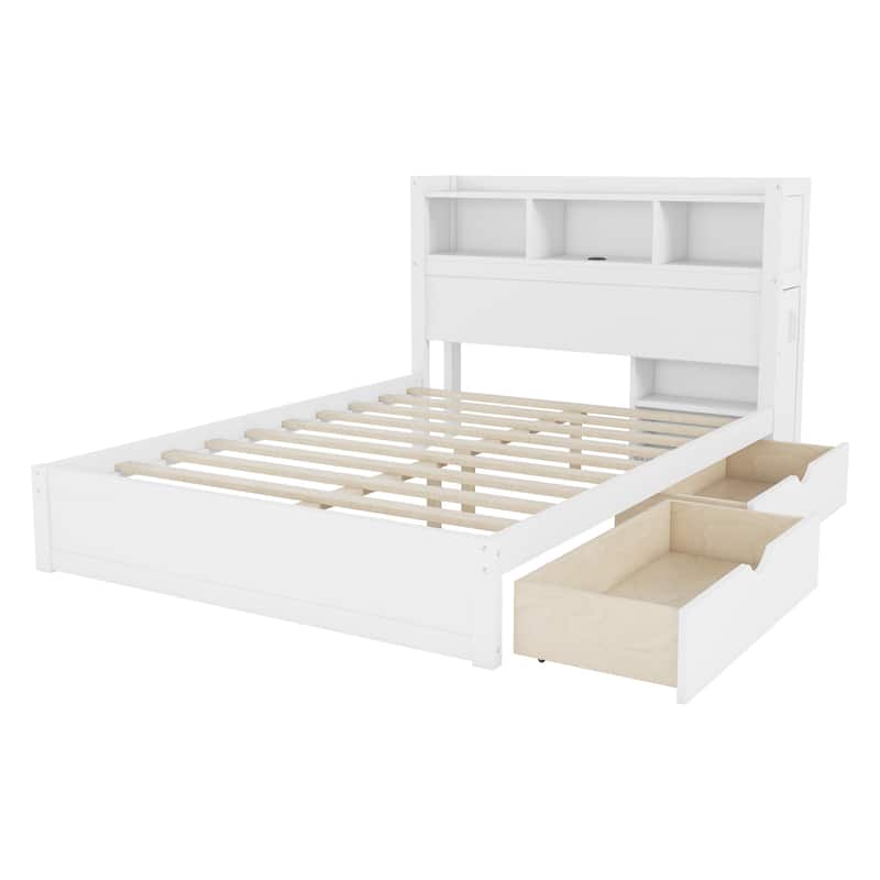 Full Size Bed with Drawers, Wood Full Bed with Storage Headboard and Pull Out Storage Cabinet, Wood Bed with Light and Socket