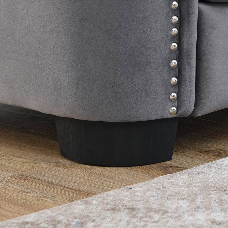 Velvet Chesterfield Upholstered Sofa, Lounge Sofa with Tufted Backrests, 3 Seater Sofa with Nailhead Arms & 2 Cushions