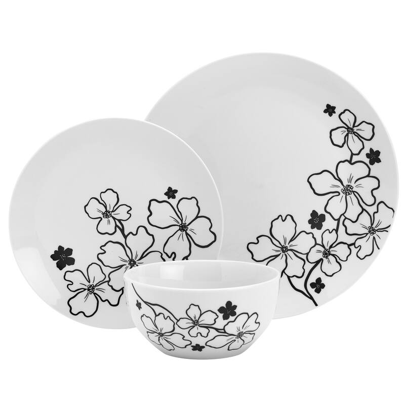 Tabletops Gallery Margo 12 Piece Porcelain Dinnerware Set in White with Black Floral Pattern