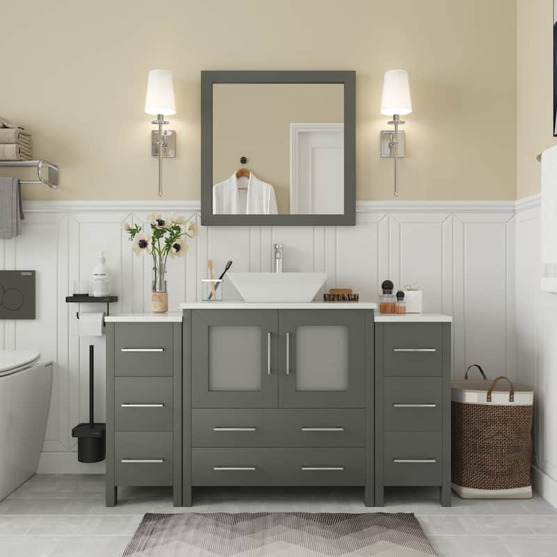 Vanity Art 54-inch Single Sink Bathroom Vanity Set with Engineered Marble Top and Free Mirror - 54 x 18.5 x 36 Inches - Grey