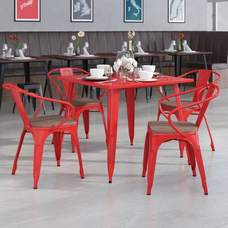 4 Pk. Metal Chair with Wood Seat and Arms - Red