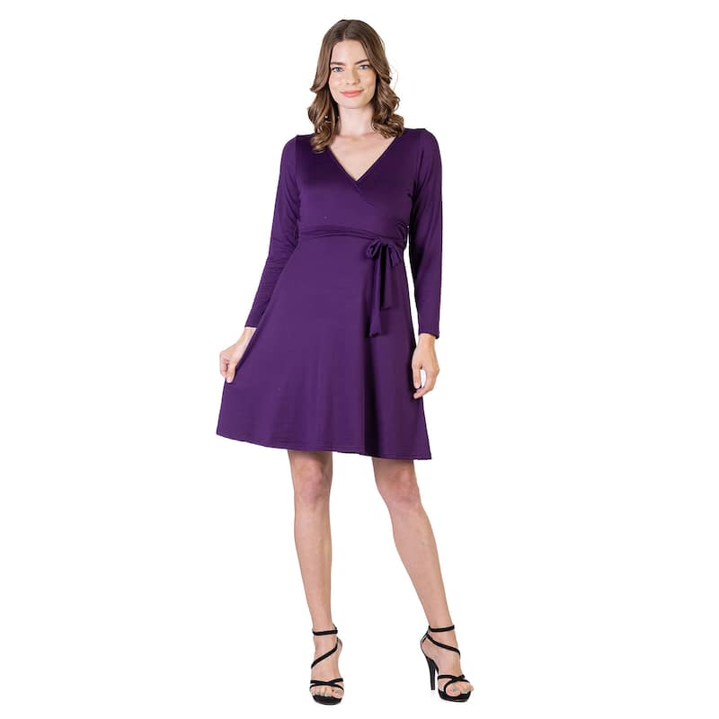 24seven Comfort Apparel Chic V-Neck Long Sleeve Belted Dress - Purple - XL