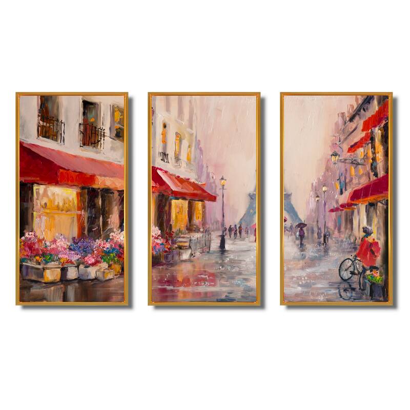 Designart "Lovers in Paris Eiffel Tower " Cityscape Framed Art Set of 3 - 4 Colors of Frames
