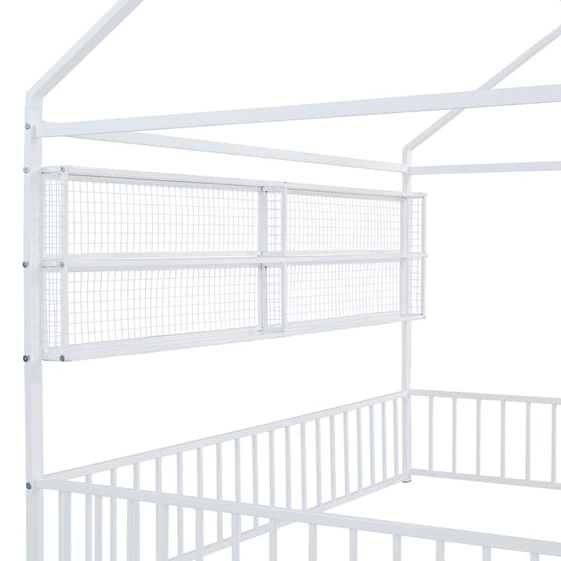 Full Metal House Bed Frame with Shelves and Fence, Unique Design for Kids