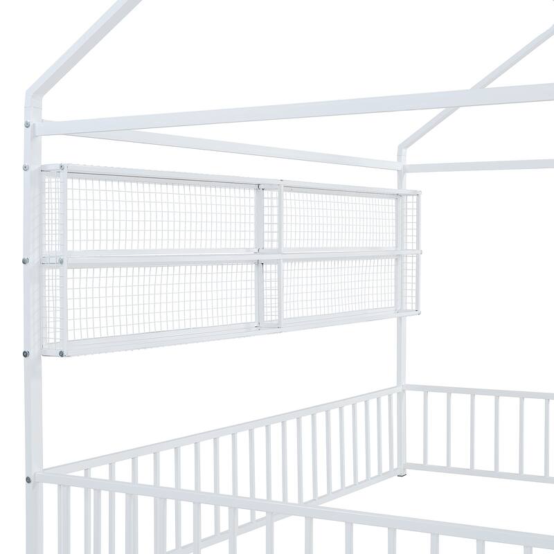 Full Size Metal House Bed Frame with Built-In Grid Shelves, Playful Canopy Design and Space-Saving Storage