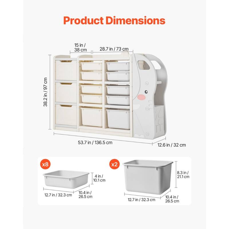 4-Tier Beige HDPE Kids Toy Organizer Bins with Bookshelf Storage and Book Rack for Playroom or Nursery - 53.7 x 12.6 x 38.2 in