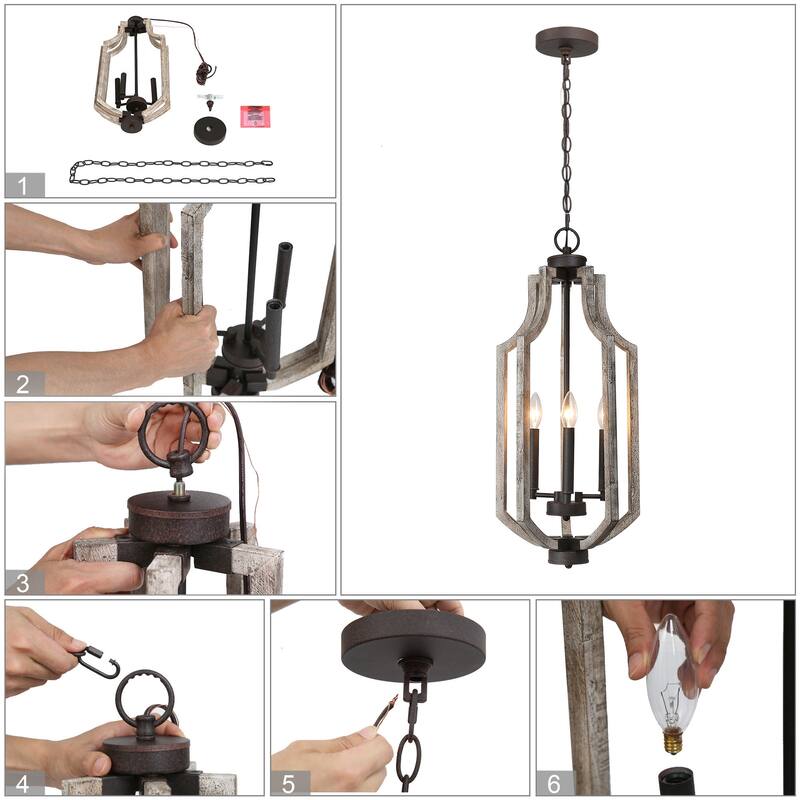 Modern Farmhouse 3-Light Wood Chandelier Lantern Island Lights for Dining Room - 12.5" W X 27" H