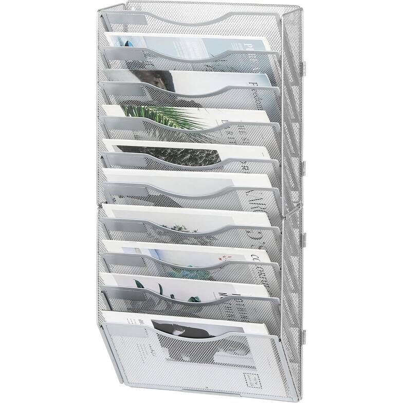 Hanging Wall File Holder, Paper Storage Organizer - 10 Pockets - Silver