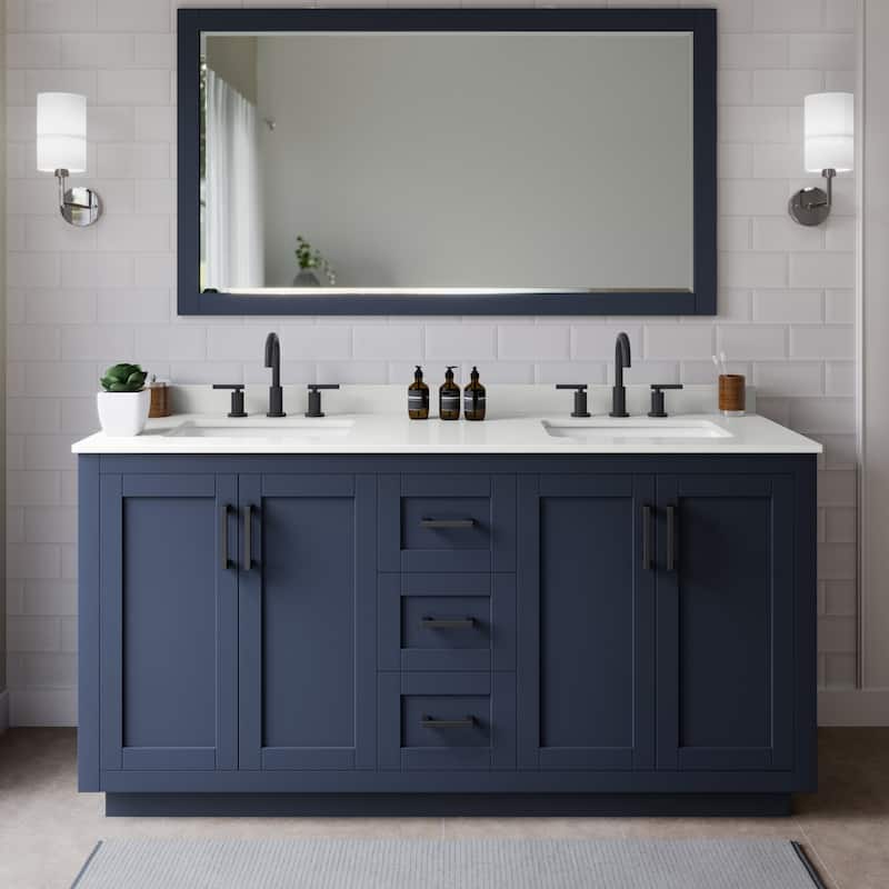 Wyndham Collection WCF292966D-QTZ-US3M58 Miranda 66" Free Standing - Dark Blue / White Quartz Top / Matte Black