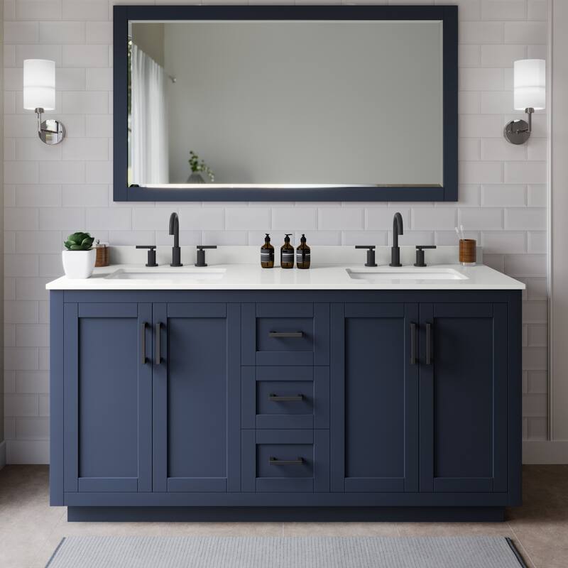 Wyndham Collection WCF292966D-QTZ-US3MXX Miranda 66" Free Standing - Dark Blue / White Quartz Top / Matte Black