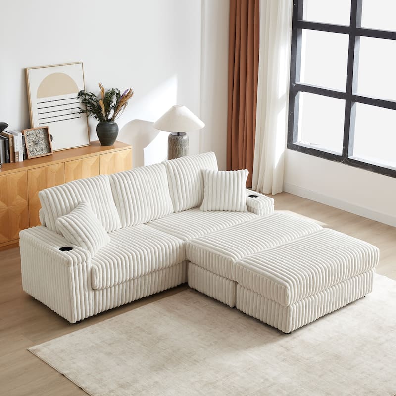 Anmytek 84 Inch Corduroy 3-Seater Deep Seat Sofa with Ottoman Storage Cup Holders and Pillows - Beige