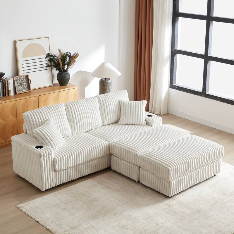 Deep Seat Sectional Loveseat Set with 2 Ottoman and 2 Pillows, Corduroy Chaise Lounge Bed with 2 Storage Spaces and Cupholding