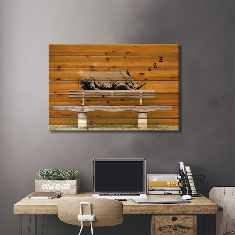 Sleepy Rhino Print On Wood by 5by5collective - Multi-Color