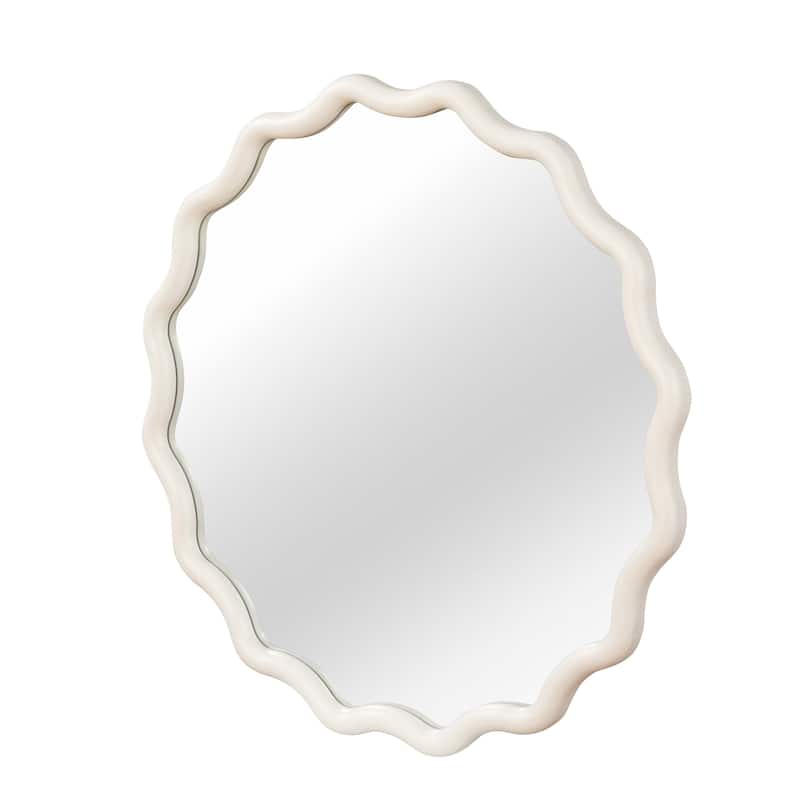 Wavy Round Solid Wood Frame Decorative Mirror - White