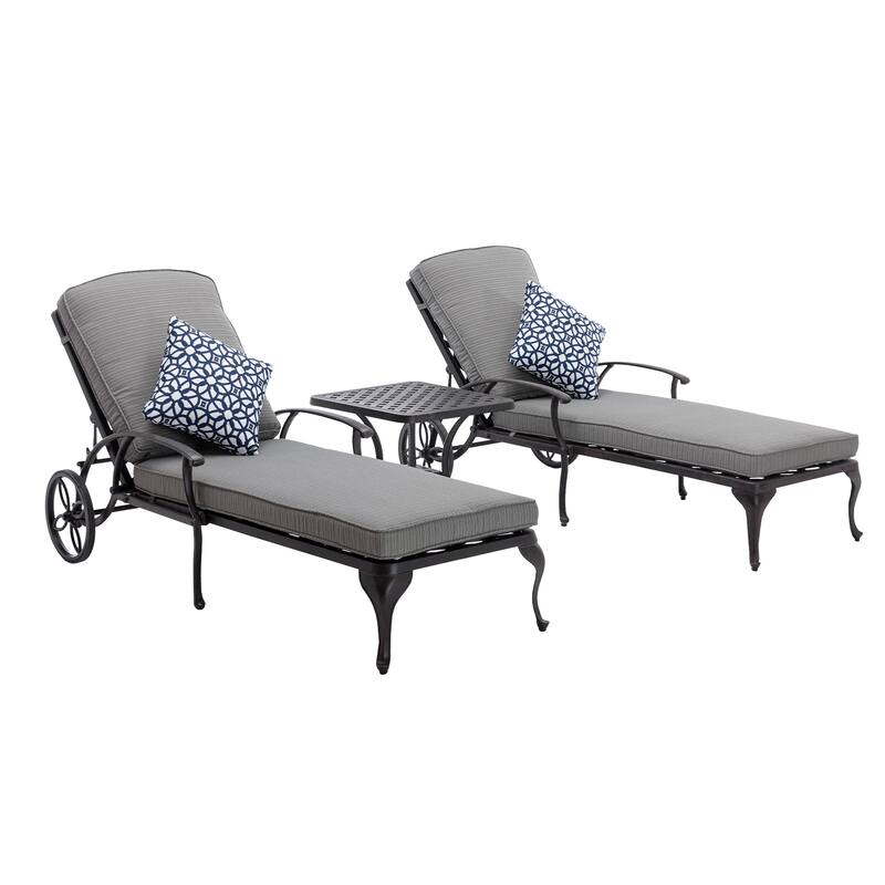 3-Piece Aluminum Reclining Outdoor Chaise Lounge with Table and Cushions