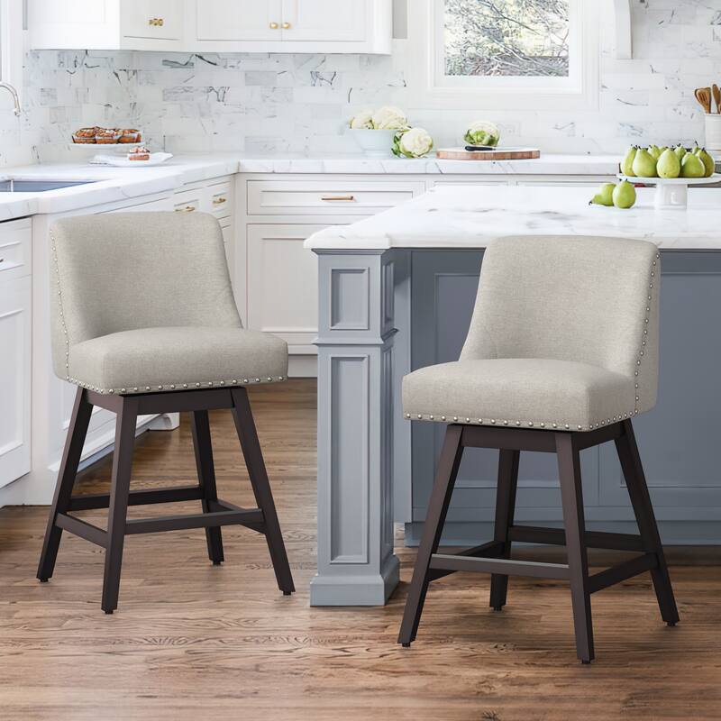 26 in. H Counter Height 360 Free Swivel Bar Stools Upholstered Wooden Counter Stools with Back - Set of 2 - Oyster Grey