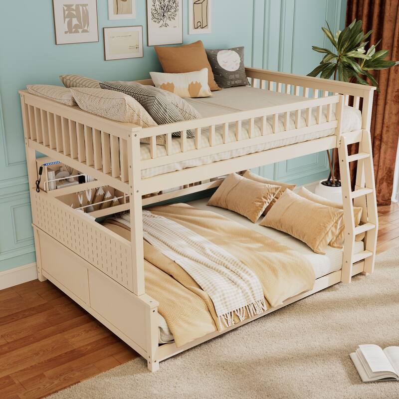 Full XL over Queen Bunk Bed with Integrated Shelving, Color-Changing Lights and Pegboard