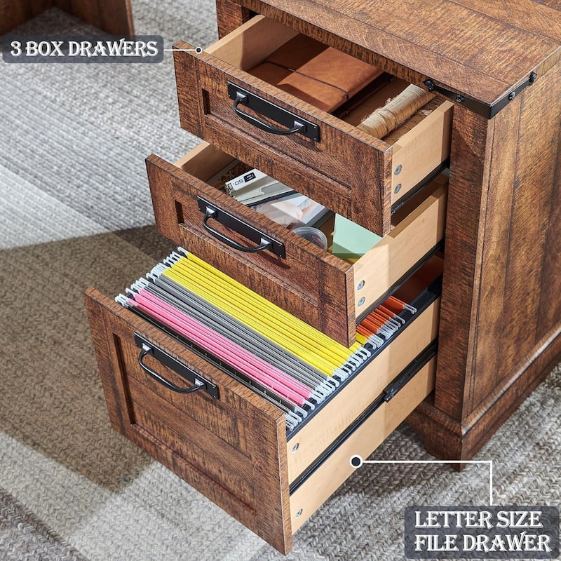 Farmhouse L Shaped Desk with Hutch, Wood Desk with Charging Station