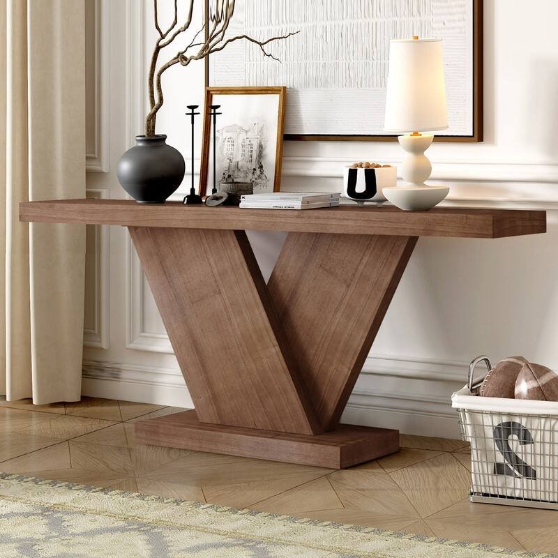 Modern 66.15" Console Table with X-Leg and Solid Wood Veneer for Entryway or Hallway Space in Mid-Century Style