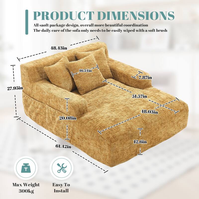 Chenille Lazy Sofa Chaise Lounge with Pillows - Convertible Armchair with Armrests, Multi-Position Sleeper for Living Room