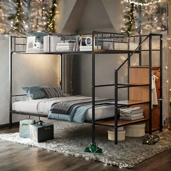 slide 2 of 24, Versatile Design Twin over Full Metal Bunk Bed with Ladder and Wardrobe Black