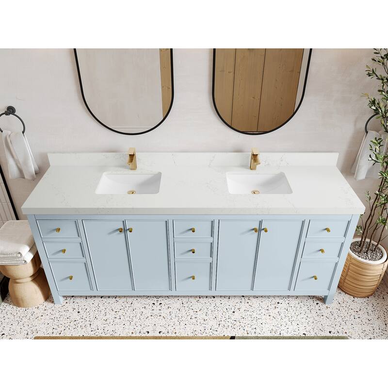 Willow Collections 84 in. W x 22 in. D Chicago Double Bowl Sink Bathroom Vanity with Countertop - 2”Empira White - Blue Heather