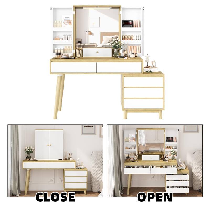 Makeup Vanity with Mirror and Rechargeable LED Light, 6 Drawers & Storage Cabinet