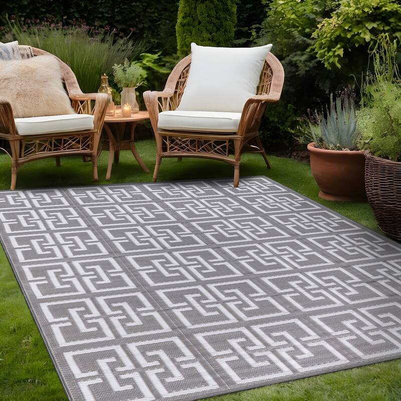 Beverly Rug Geometric Greek Key Outdoor Rug Waterproof for Patio, RV Camping