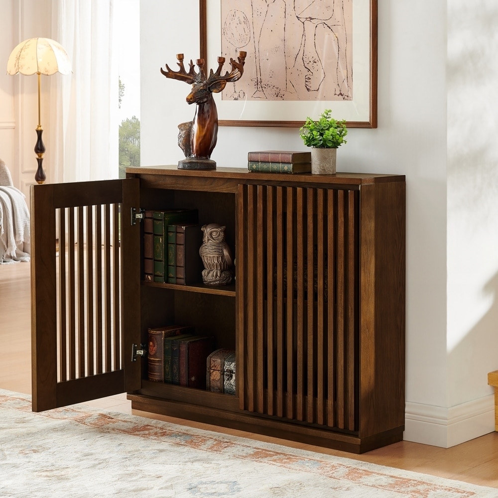 Century Modern Fluted Hollowed Out Sideboard Cabinet with 2 Outlet Holes