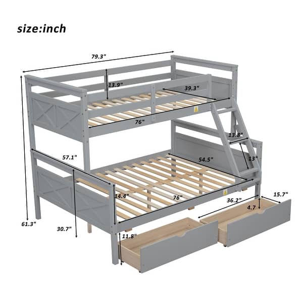 dimension image slide 0 of 2, Twin over Full Bunk Bed with Ladder, Two Storage Drawers, Safety Guardrail