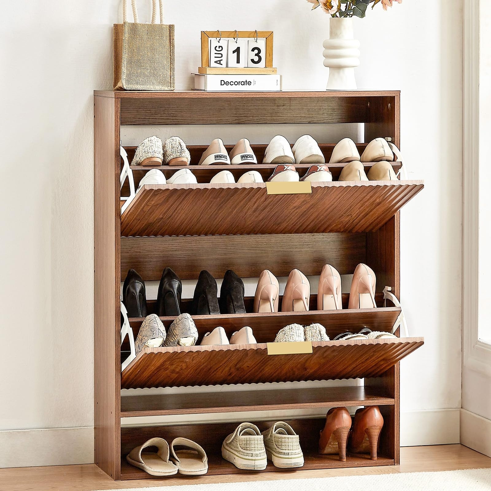 31.5''W Walnut Slim Shoe Cabinet, Fluted Hidden Shoe Storage Cabinet with 2 Flip Drawers