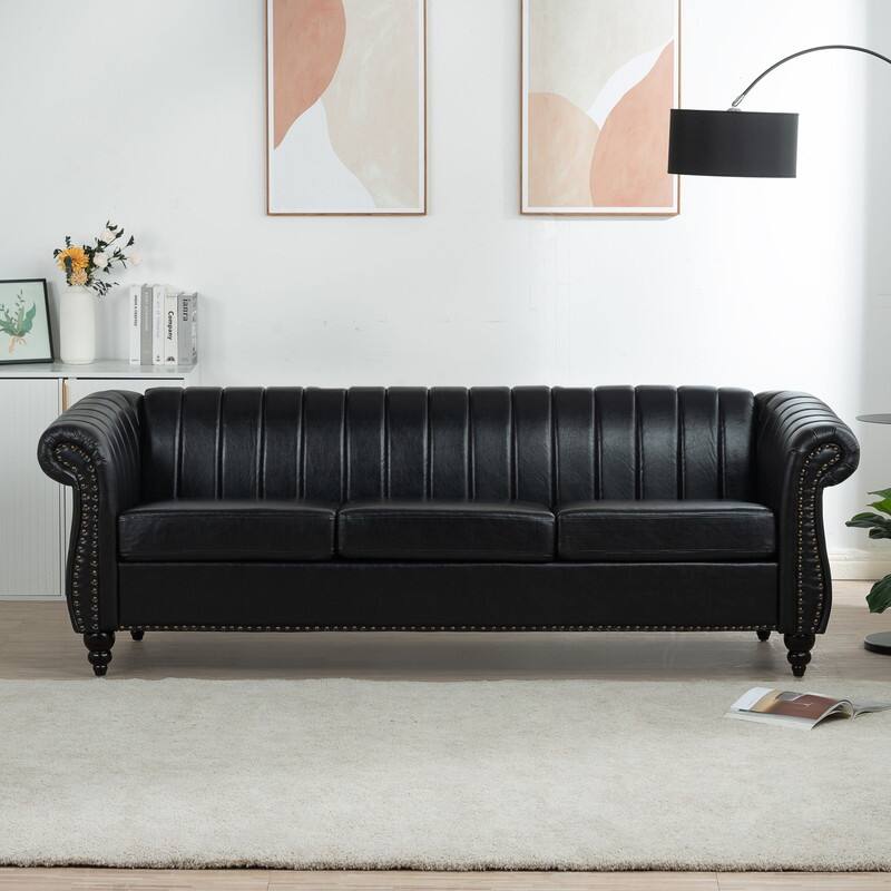 83.46" PU Rolled Arm Chesterfield Three Seater Sofa