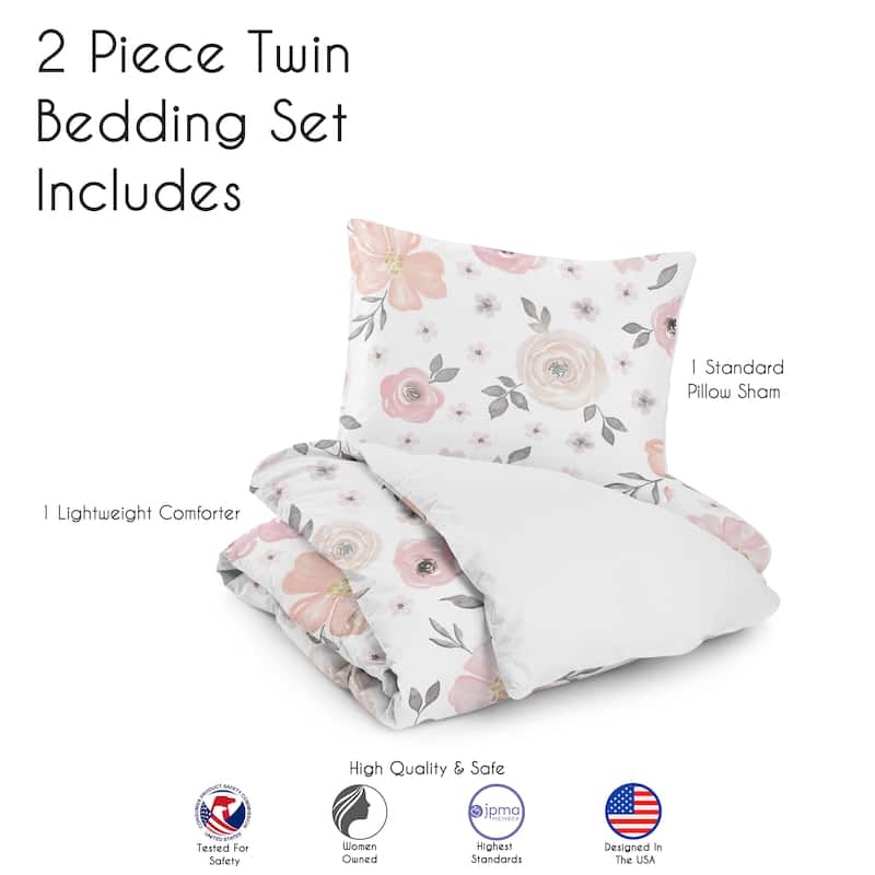 Pink Watercolor Floral Girl 2pc Twin-size Comforter Set - Blush Gray White Shabby Chic Rose Flower Grey Farmhouse Elegant