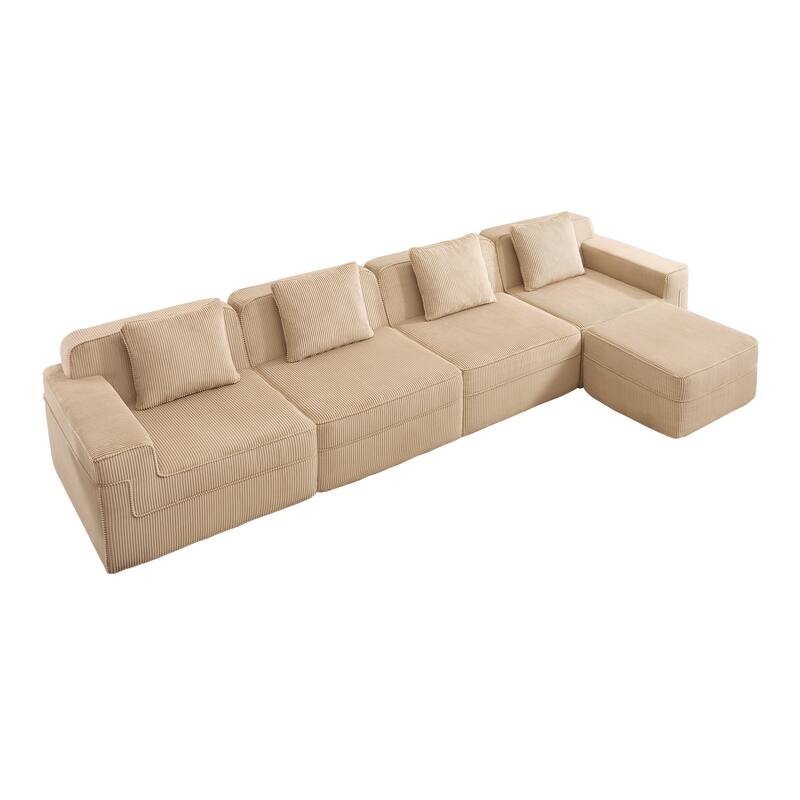 GDFStudio - Corduroy Modular 4-Seater 153.5" L-Shaped Boneless Cloud Sofa with Ottoman