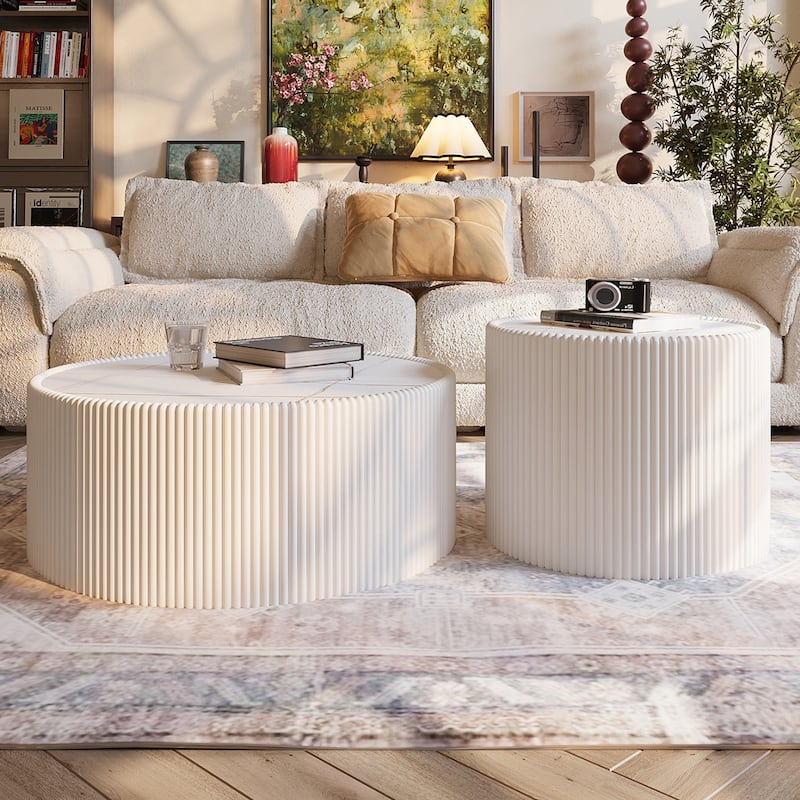 29.52" Modern Round Coffee Table with Marble Top & Leather Wrap, Living Room Table Elegant End Table Sofa Side Table