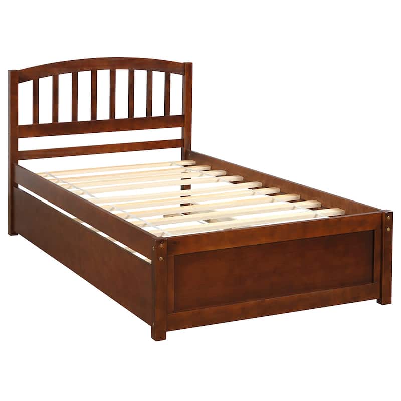 Twin Size Wood Platform Bed Frame with Trundle, Walnut Finish