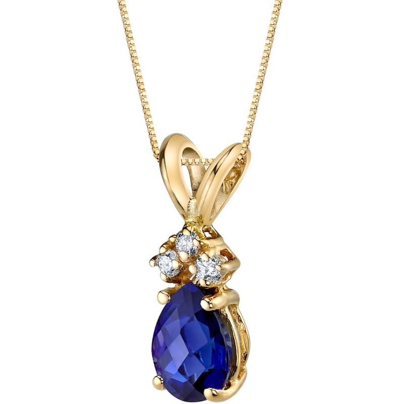 14k Yellow Gold Pear Shape 1.00 cts Created Blue Sapphire Diamond Pendant